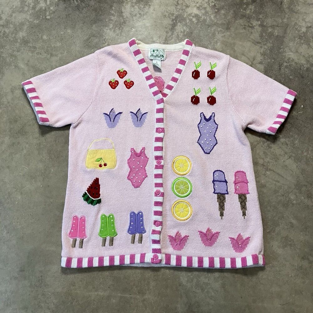Quacker Factory Sweater Womens Medium Pink Beach Sequins Summer Fun Button Up